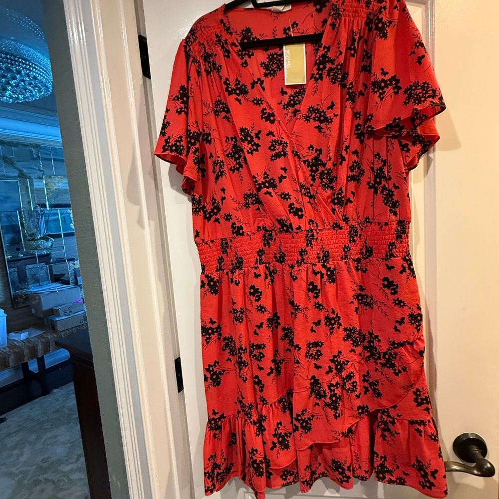 MICHAEL Michael Kors Red Flutter Sleeve Wrap Midi Dress